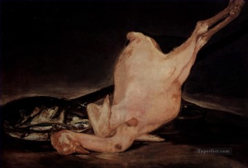 フランシスコ・ゴヤ Painting - 摘み取られた七面鳥と魚の入った鍋の静物画 フランシスコ・デ・ゴヤ